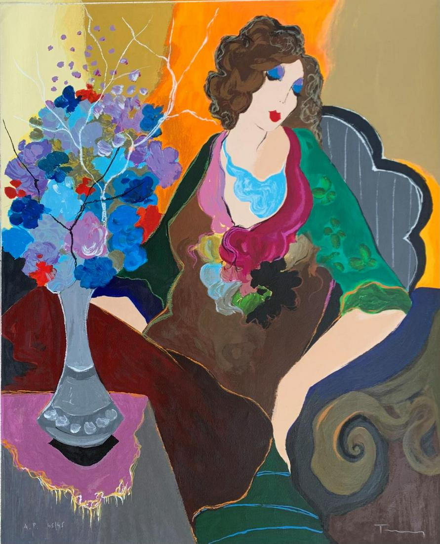 Itzhak Tarkay  Limited edition serigraph on paper  "Seated Woman with Flowers " (1 of 1)