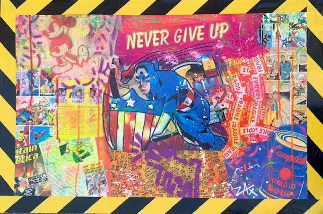 E.M. Zax Unique mixed media collage and paints on panel board "Captain America": Artist: E.M. Zax. Medium: Unique mixed media collage and paints on panel board. Title: Captain America. Signature: Hand signed by the artist . Size: 24x36". Reference# 31693.