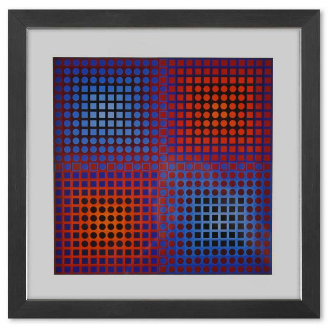 Victor Vasarely (1908-1997), "EG - 1 - 2 de la sÃ©rie Folklore Planetaire" Framed 1971 Heliogravure: "EG - 1 - 2 de la sÃ©rie Folklore Planetaire" is a heliogravure print on paper, published in 1971, by Victor Vasarely (1908-1997). This piece comes custom framed, with a letter of authenticity and w