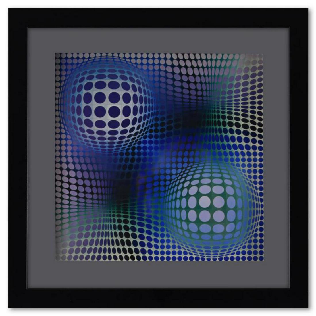 Victor Vasarely (1908-1997), "Feny de la sÃ©rie Structures Universelles Du Damier" Framed 1975: "Feny de la sÃ©rie Structures Universelles Du Damier" is a heliogravure print on paper, published in 1975, by Victor Vasarely (1908-1997). This piece comes custom framed, with a letter of authentici