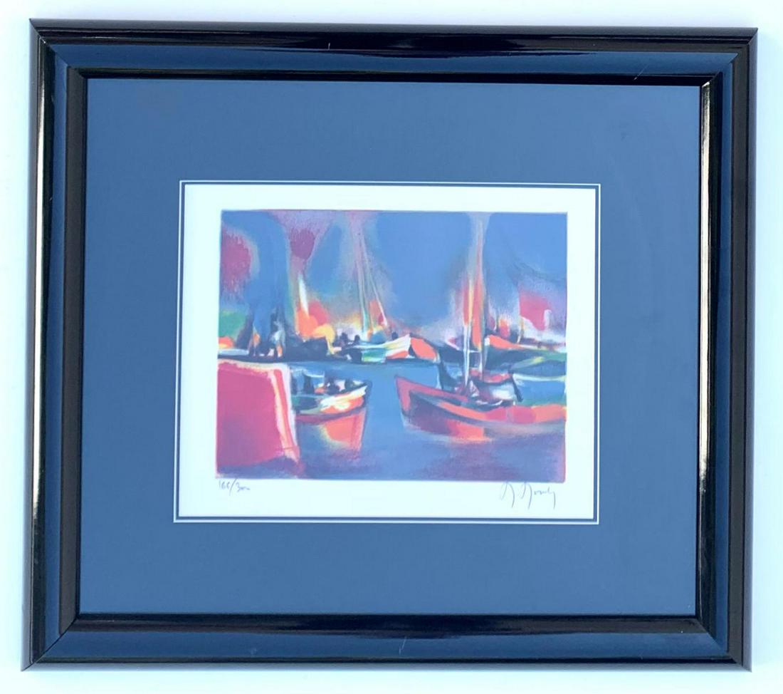 Marcel Mouly Lithograph on paper "At the Port": Artist: Marcel Mouly. Medium: Lithograph on paper. Title: At the Port. Signature: Signed and numbered. Frame Size: 16x20". Reference# 31894.