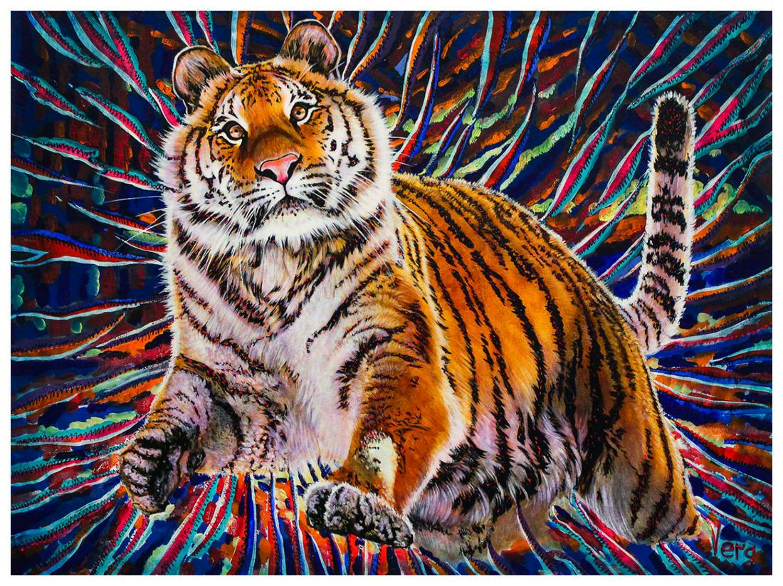 Vera V. Goncharenko- Original Oil on Canvas "Tiger in Action": Artist: Vera V. Goncharenko. Medium: Original Oil on Canvas. Title: Tiger in Action. Size (Unframed): 30" x 40". Certificate of Authenticity: From the publisher. Reference# 18526.