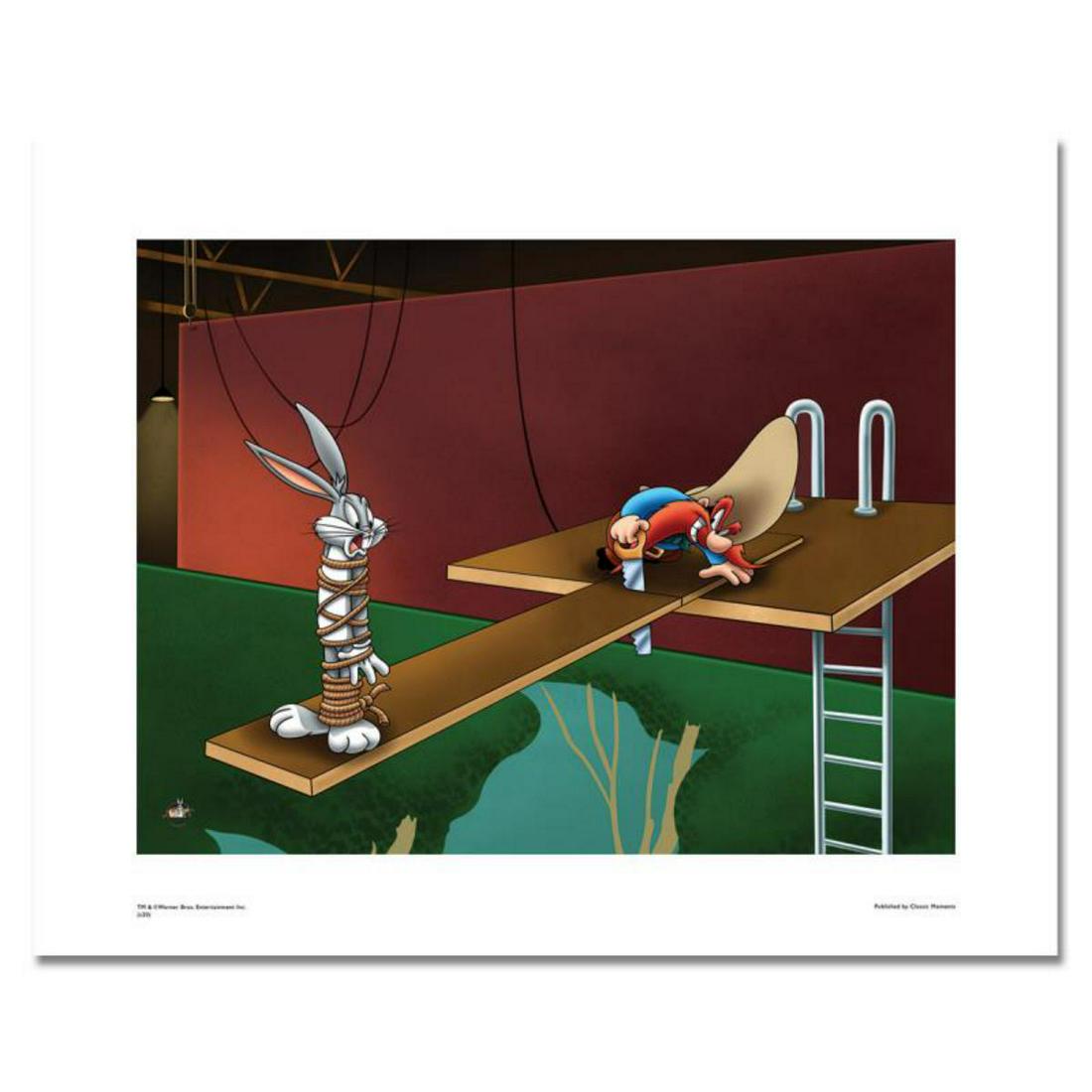 "High Diving Hare" Numbered Limited Edition Giclee from Warner Bros, with Certificate of: "High Diving Hare" is a limited edition giclee on paper from Warner Bros. featuring the Looney Tunes characters Bugs BUnny and Yosemite Sam. It comes numbered, with hologram seal, and a Certificate of