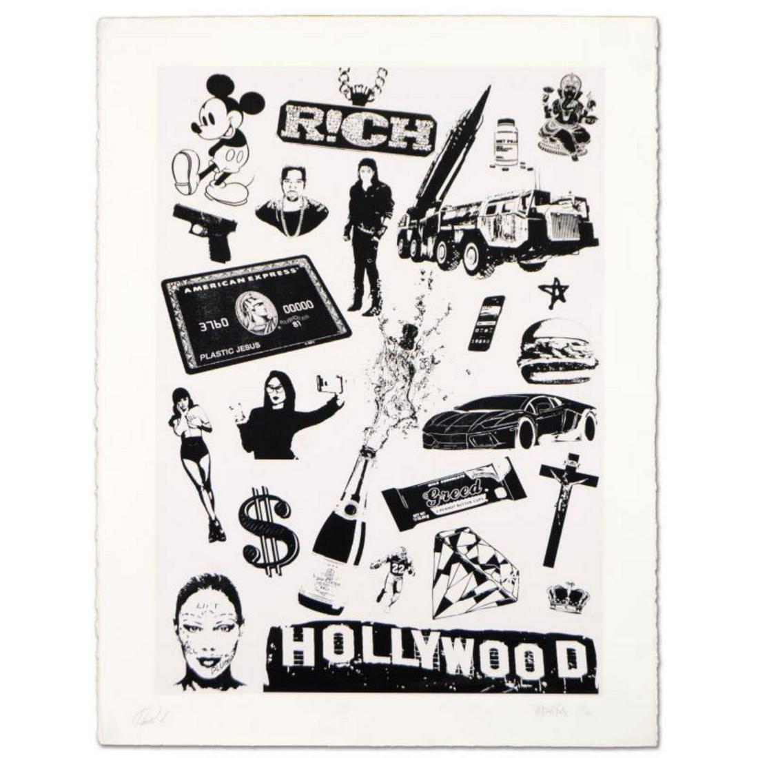 Padhia Avocado, "False Idols I: Plastic Jesus" Limited Edition Silkscreen, Numbered Hand Signed with: "False Idols I: Plastic Jesus" is a limited edition silkscreen on deckle edge paper, numbered and hand signed by the artist. Includes Letter of Authenticity. Measures approx. Measures approx. 22" x 30