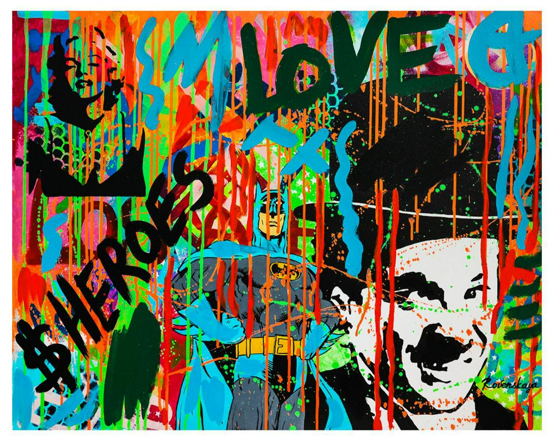 Nastya Rovenskaya- Mixed Media "Batman And Chaplin": Artist: Nastya Rovenskaya. Medium: Mixed Media. Title: Batman And Chaplin. Size (Unframed): 24" x 30". Certificate of Authenticity: From the publisher. Reference# 19087.