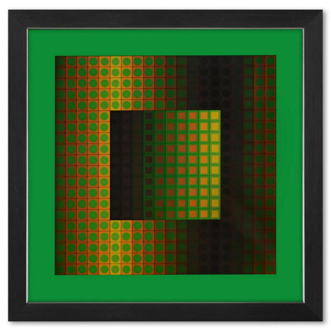 Victor Vasarely (1908-1997), "Zett - ZS de la sÃ©rie Folklore Planetaire" Framed 1971 Heliogravure: "Zett - ZS de la sÃ©rie Folklore Planetaire" is a heliogravure print on paper, published in 1971, by Victor Vasarely (1908-1997). This piece comes custom framed, with a letter of authenticity and wi
