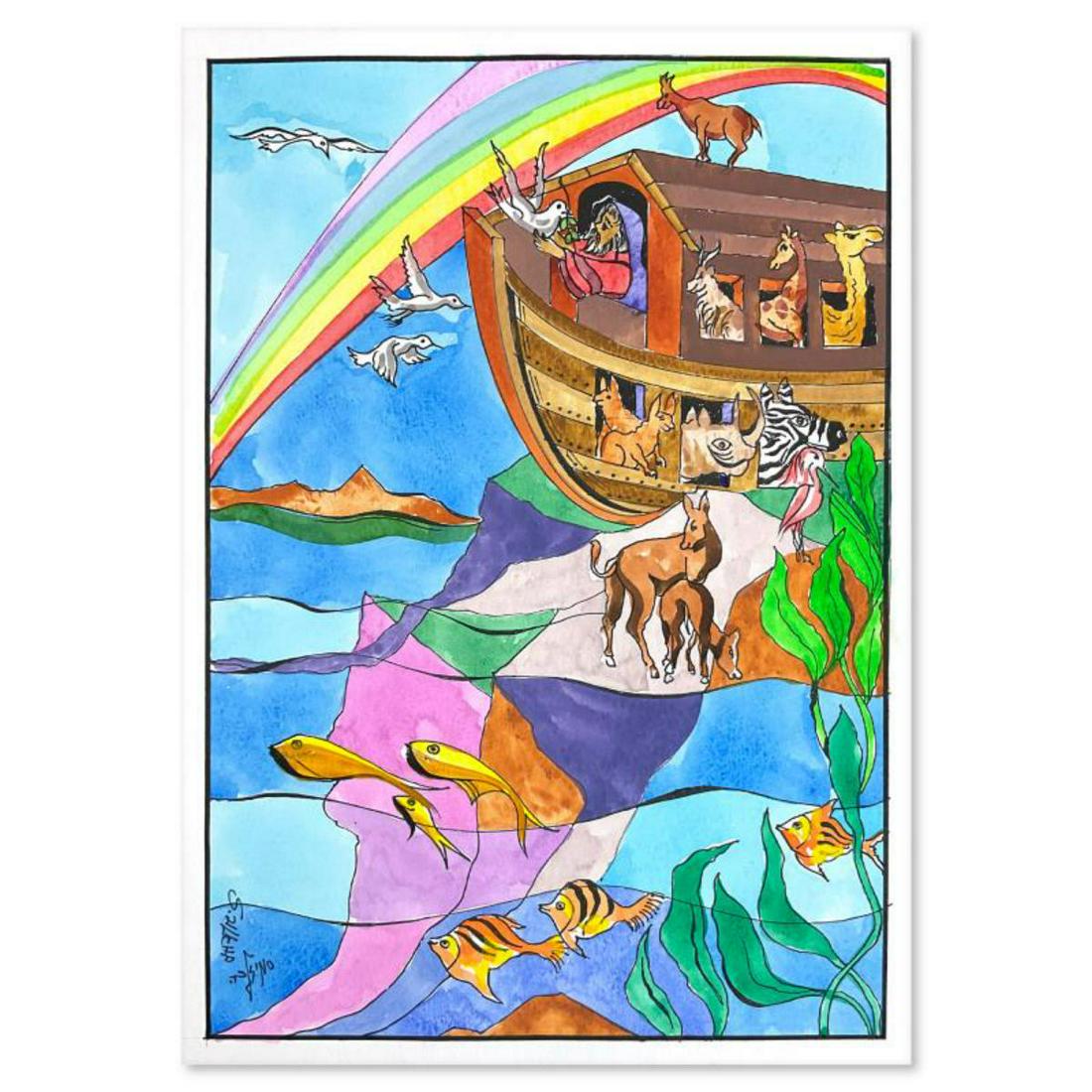 Sami Zilkha, "Noah's Ark" One-of-a-Kind Hand Watercolored Mixed Media, Hand Signed with Letter of (1 of 2)