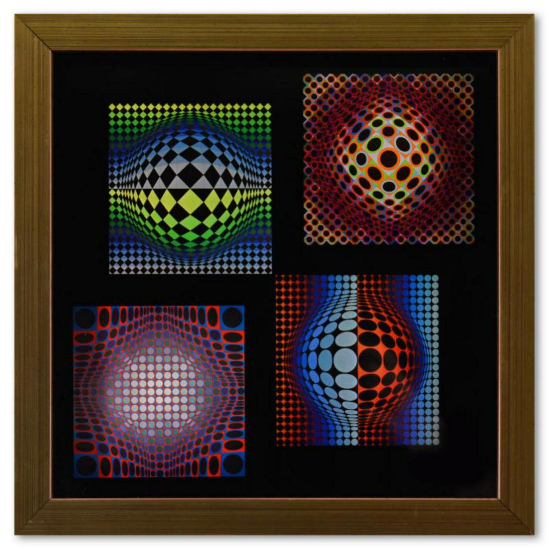 Victor Vasarely (1908-1997), "Vega (Noir, WA-3, WA-2) & Ond - Fire de la sÃ©rie Vega" Framed 1971: "Vega (Noir, WA-3, WA-2) & Ond - Fire de la sÃ©rie Vega" is a heliogravure print on paper, published in 1971, by Victor Vasarely (1908-1997). This piece comes custom framed, with a letter of authent