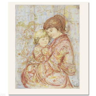 "Carolina & Suellen" Limited Edition Lithograph by Edna Hibel (1917-2014), Numbered and Hand Signed: "Carolina & Suellen" is a limited edition lithograph on paper, numbered and hand signed by Edna Hibel (1917-2014). Includes Certificate of Authenticity. Measures approx. 15" x 20" (with border), 12" x