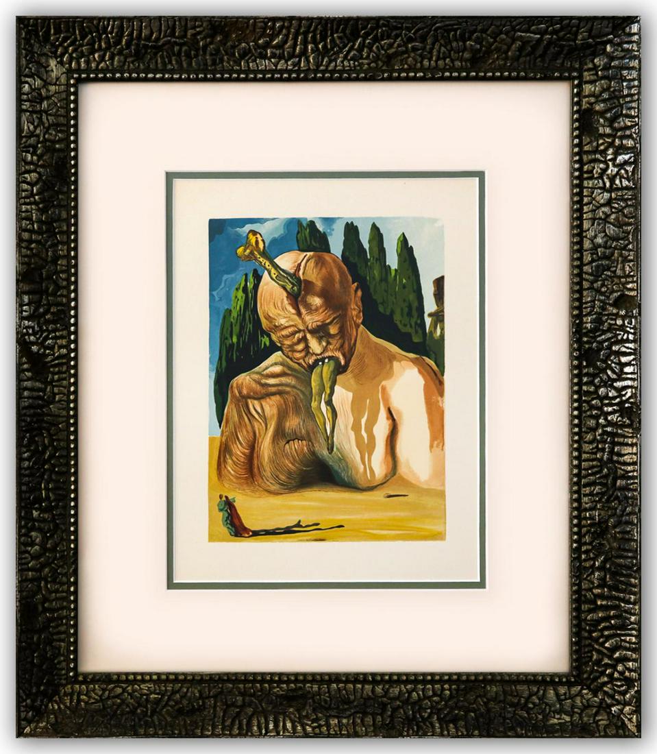 Salvador Dali- Original Color Woodcut on B.F.K. Rives Paper "Inferno 27": Artist: Salvador Dali. Medium: Original Color Woodcut on B.F.K. Rives Paper. Title: Inferno 27. Size (Unframed): 13" x 10". Measures approx. (Framed): 22" x 18". Certificate of Authenticity: Is includ