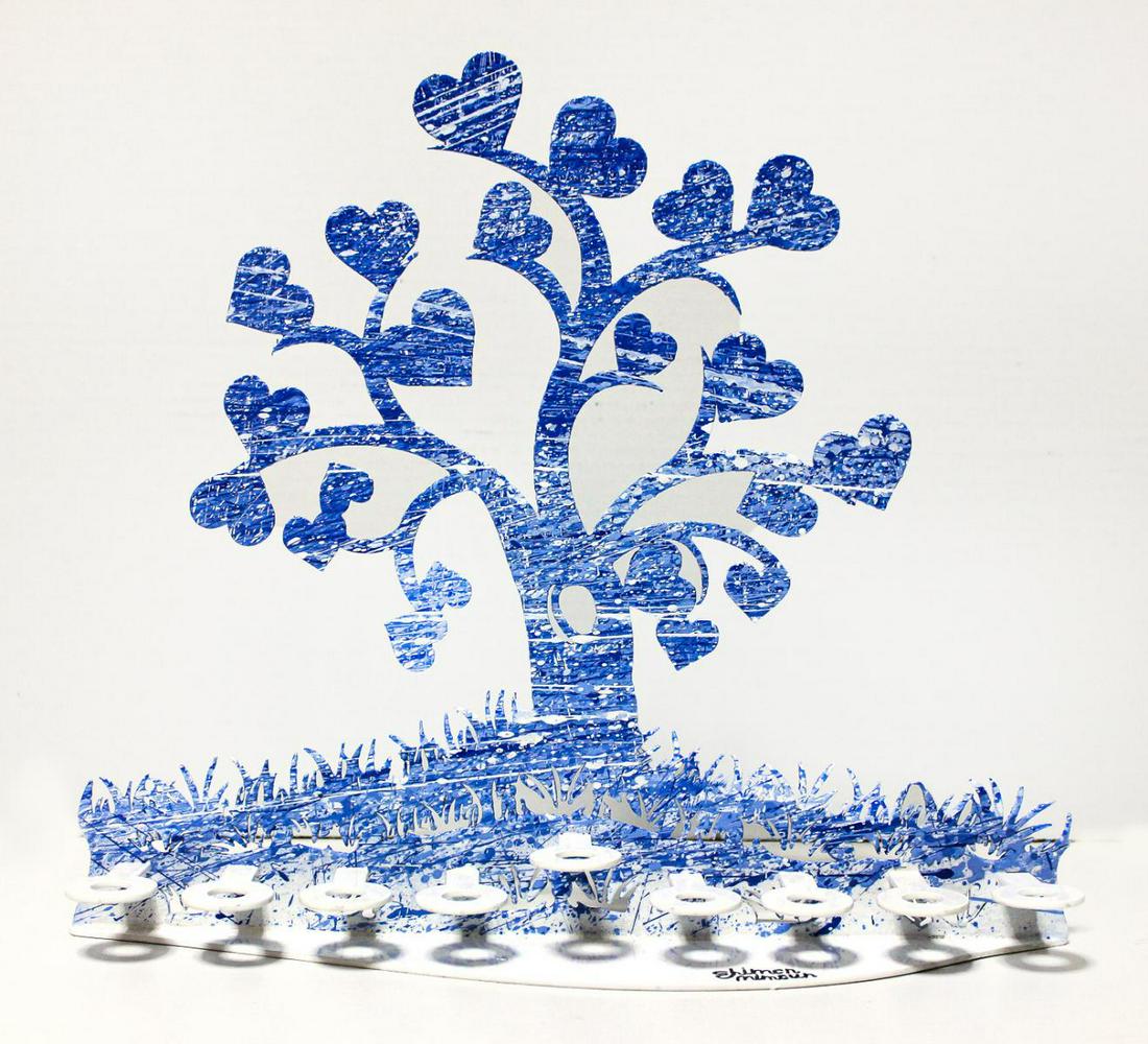 Shimon Mimoun- A metal sculpture cutting technique, hand painted "Hanukiah": Artist: Shimon Mimoun. Medium: A metal sculpture cutting technique, hand painted. Title: Hanukiah. Size (Unframed): 12" x 13". Certificate of Authenticity: Is included. Reference# 17546.