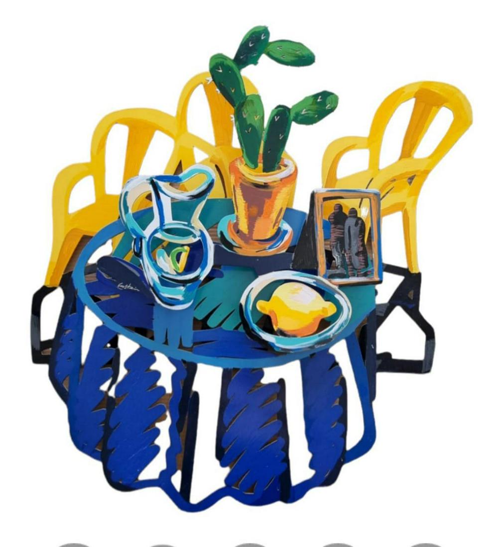David Gerstein- Hand painted cutout aluminum "TABLE WITH CACTUS": Artist: David Gerstein. Medium: Hand painted cutout aluminum. Title: TABLE WITH CACTUS. Size (Unframed): 36" x 32". Certificate of Authenticity: Is included. Additional: 2 Layers. Reference# 19912.