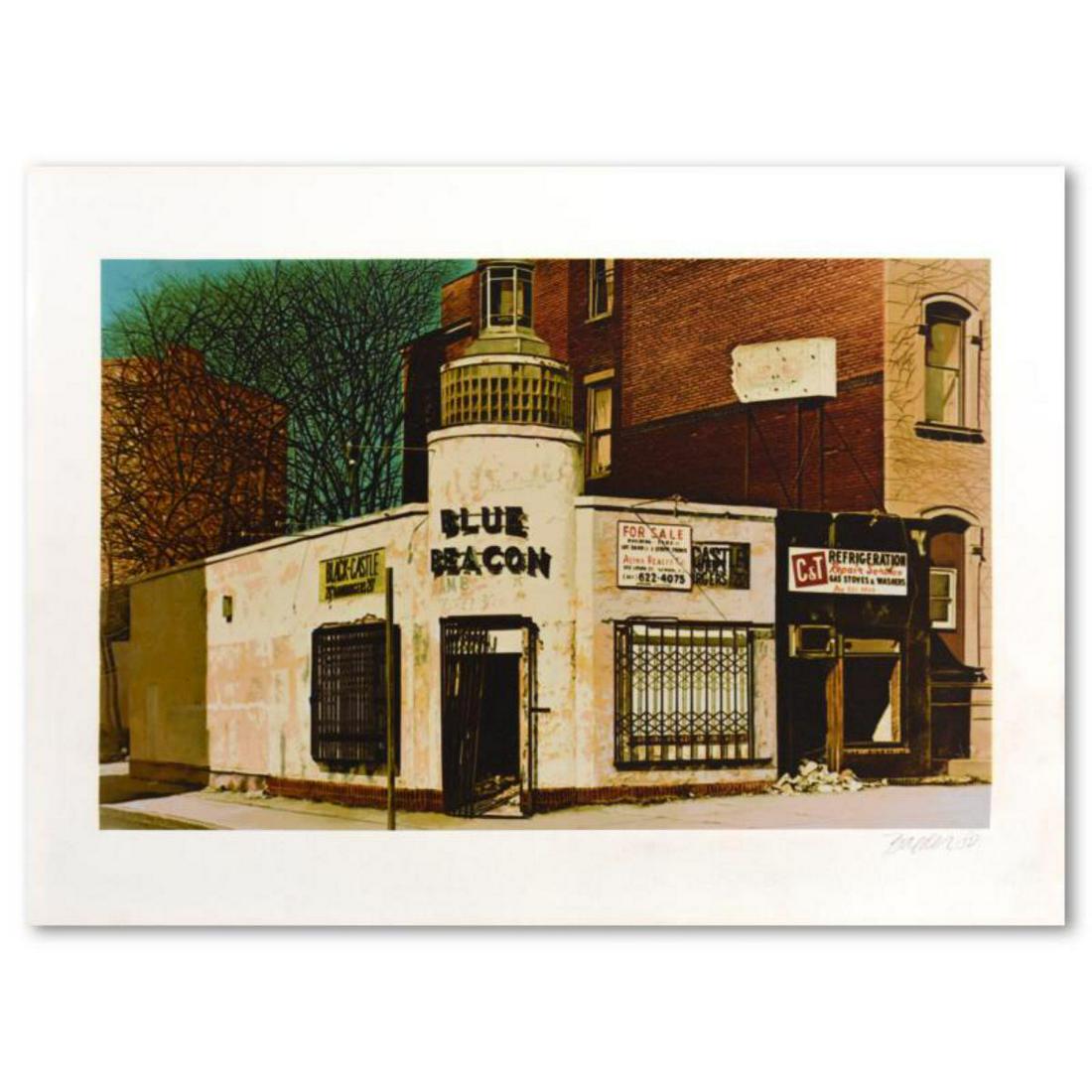 John Baeder, "Blue Beacon" Limited Edition Silkscreen, Numbered and Hand Signed with Letter of: "Blue Beacon" is a limited edition silkscreen on somerset paper by John Baeder, numbered and hand signed by the artist. Includes Letter of Authenticity. Measures approx. 30" x 22" (border); 25.5" x 16