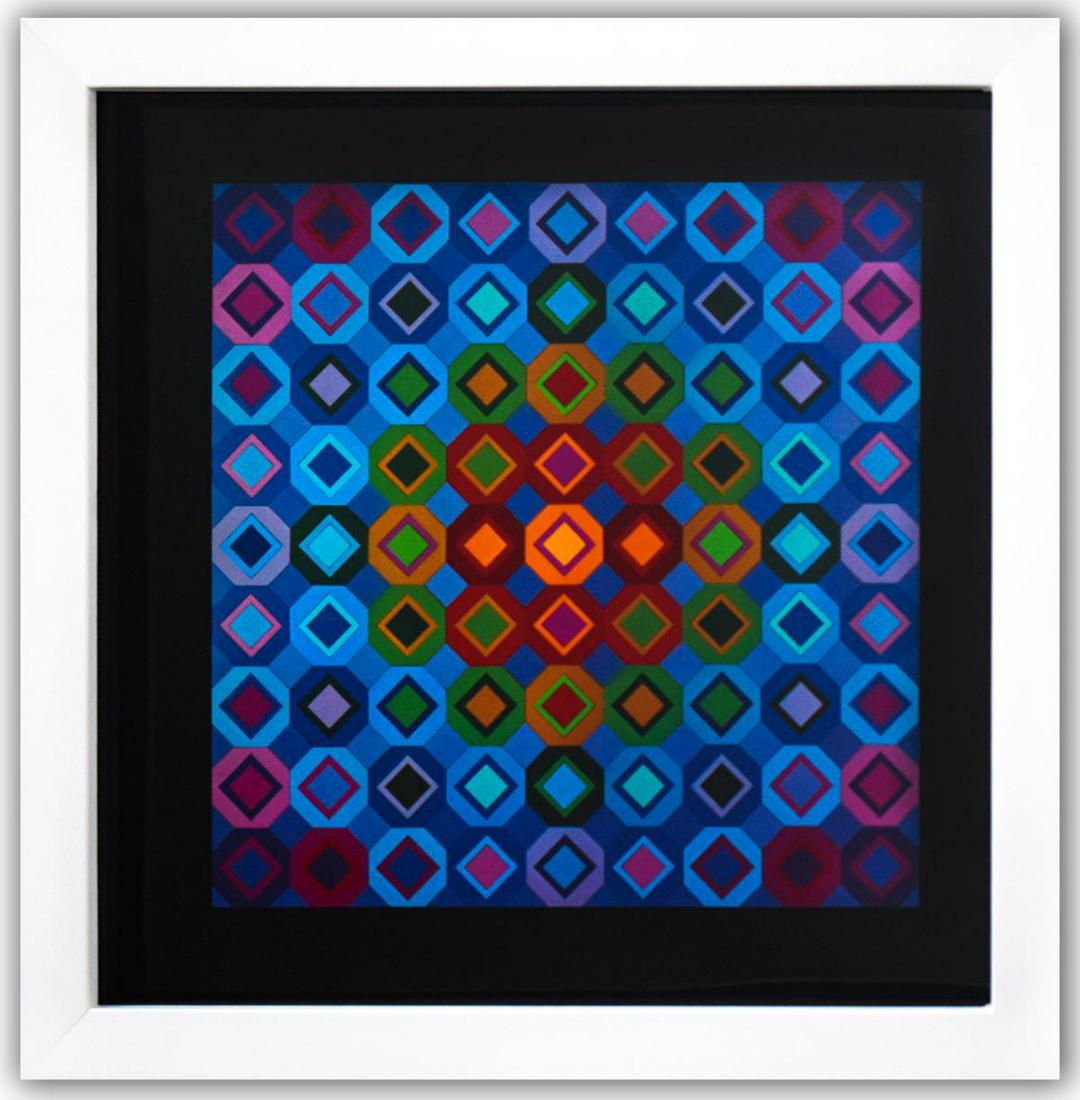 Victor Vasarely- Heliogravure Print "Folkokta": Artist: Victor Vasarely. Medium: Heliogravure Print. Title: Folkokta. Size: 10" x 10". Measures approx. 12" x 12" (framed). Additional: Custom Framed , 1975. Reference#: 21380.