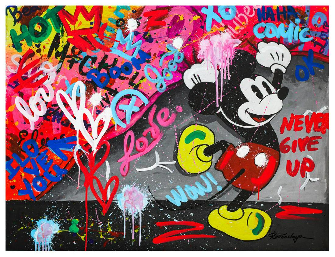 Nastya Rovenskaya- Mixed Media "mickey Is The Boss": Artist: Nastya Rovenskaya. Medium: Mixed Media. Title: mickey Is The Boss. Size: 30" x 40". Signature: Hand Signed by the artist. Certificate of Authenticity: From the publisher. Reference#: 20469.