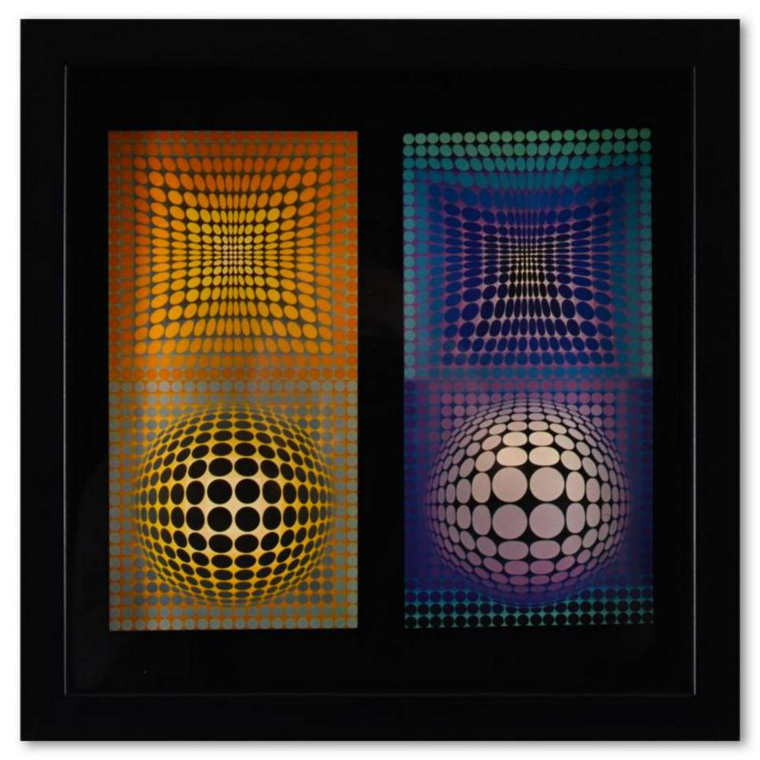 Victor Vasarely (1908-1997), "VP - 118 & VP - 108 de la sÃ©rie Structures Universelles Du Damier": VP - 118 & VP - 108 de la sÃ©rie Structures Universelles Du Damier is a heliogravure print on paper, published in 1975, by Victor Vasarely (1908-1997). This piece comes custom framed, with a letter 