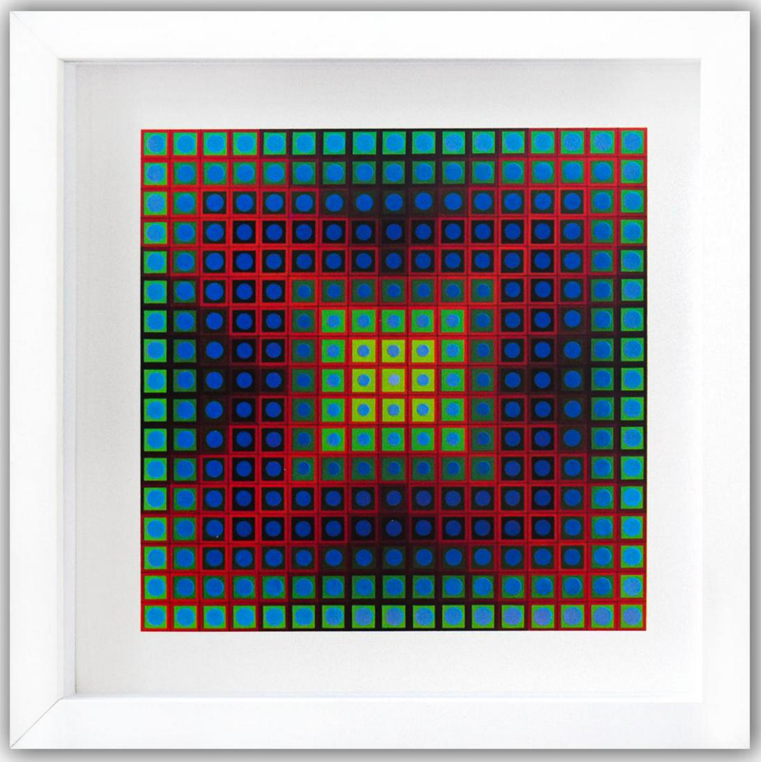 Victor Vasarely- Heliogravure Print "Kezdi": Artist: Victor Vasarely. Medium: Heliogravure Print. Title: Kezdi. Size: 10" x 10". Measures approx. 12" x 12" (framed). Additional: Custom Framed , 1971. Reference#: 21365.