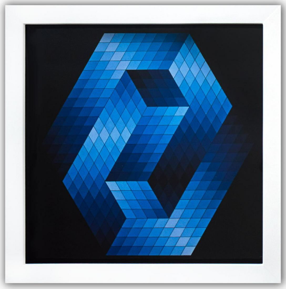Victor Vasarely- Heliogravure Print "Gestalt - Bleu": Artist: Victor Vasarely. Medium: Heliogravure Print. Title: Gestalt - Bleu. Size: 10" x 10". Measures approx. 12" x 12" (framed). Additional: Custom Framed , 1971. Reference#: 21383.