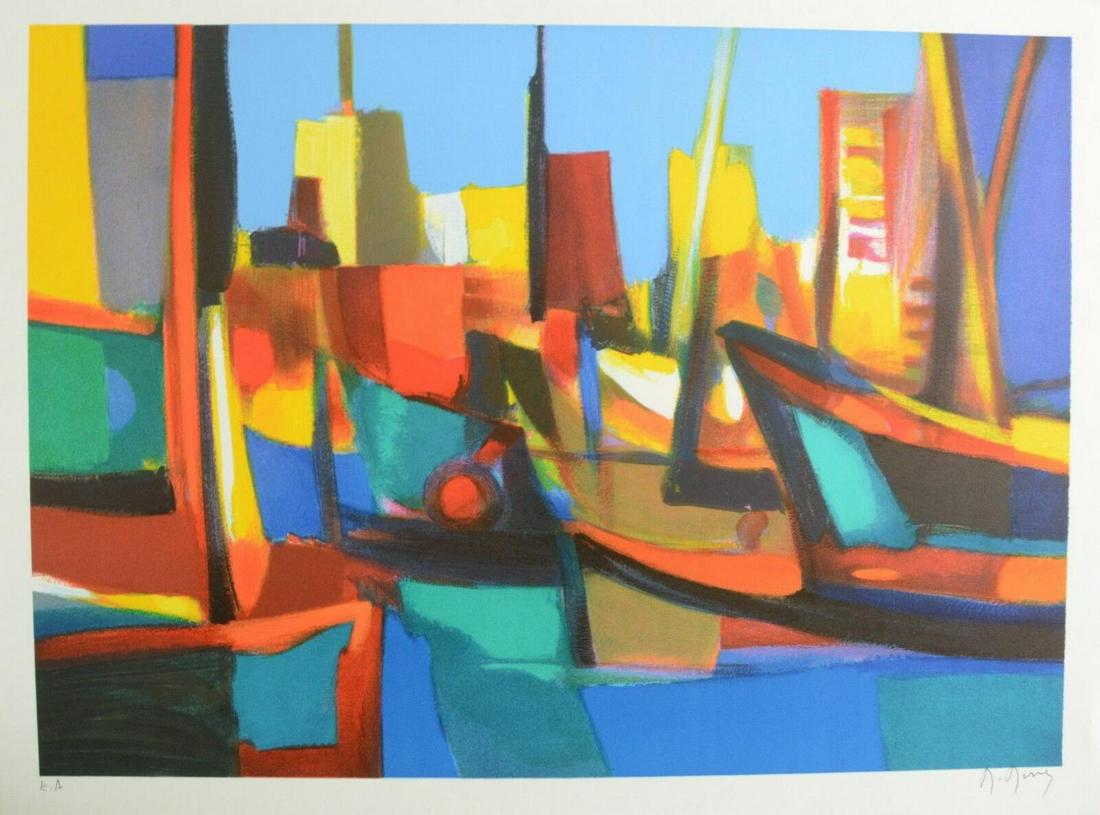 Marcel Mouly Lithograph on paper "Port": Artist: Marcel Mouly. Medium: Lithograph on paper. Title: Port. Signature: Hand signed and numbered. Frame Size: 30x40". Reference# 30391.