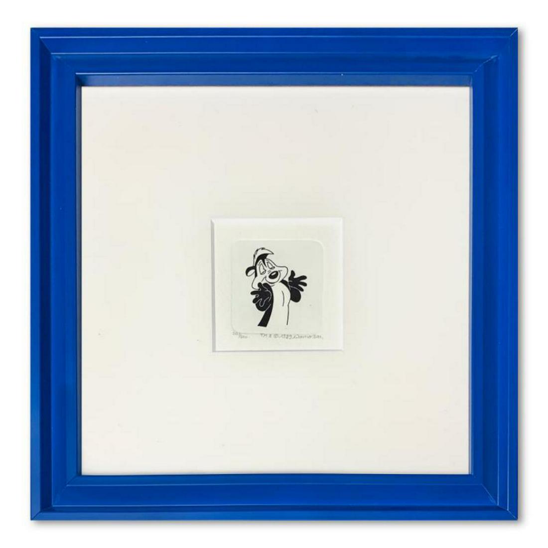 Pepe le Pew Framed Limited Edition Etching with Hand-Tinted Color and Numbered.: Pepe le Pew is a limited edition etching on paper with hand-tinted coloring from Warner Bros, numbered and dated 1999. This piece comes framed. Measures approximately 9" x 9" (frame), 2" x 2" (image).