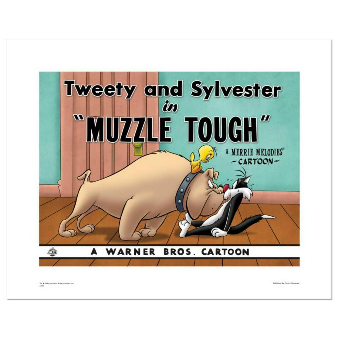 Muzzle Tough Numbered Limited Edition Giclee from Warner Bros. with Certificate of Authenticity.: Muzzle Tough is a limited edition giclee on paper from Warner Bros. featuring iconic Looney Tunes characters. The art was taken from an original Lobby Card used to promote "Muzzle Tough" directed by F