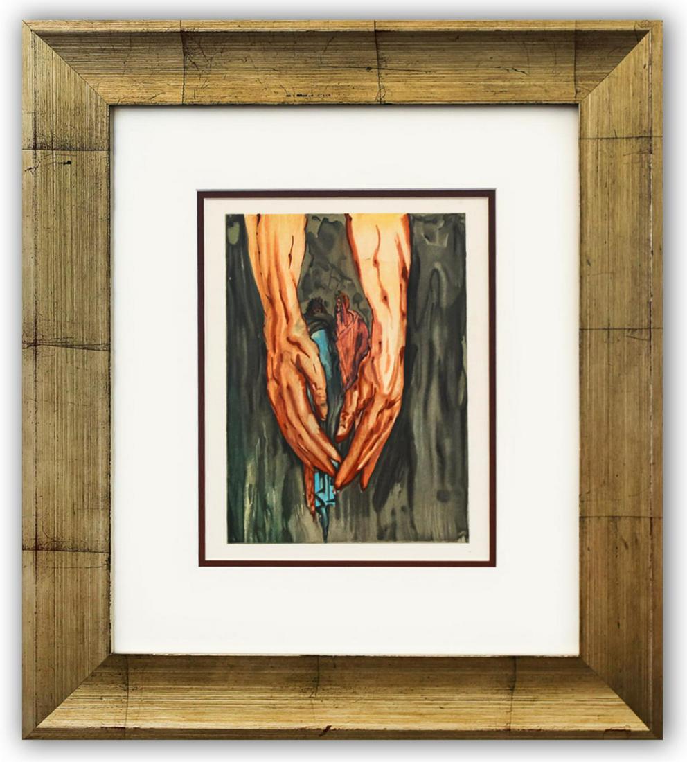 Salvador Dali- Original Color Woodcut on B.F.K. Rives Paper: Artist: Salvador Dali. Medium: Original Color Woodcut on B.F.K. Rives Paper. Size: 13" x 10". Measures approx. 22" x 18" (framed). Certificate of Authenticity: Is included. Additional: Custom framed. 