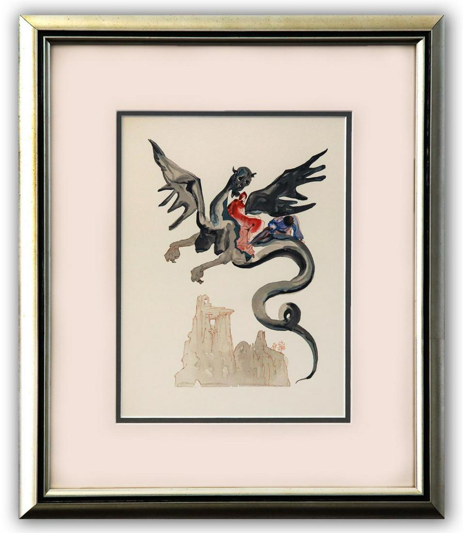 Salvador Dali- Original Color Woodcut on B.F.K. Rives Paper "Inferno 17": Artist: Salvador Dali. Medium: Original Color Woodcut on B.F.K. Rives Paper. Title: Inferno 17. Size: 13" x 10". Measures approx. 22" x 18" (framed). Certificate of Authenticity: Is included. Addition