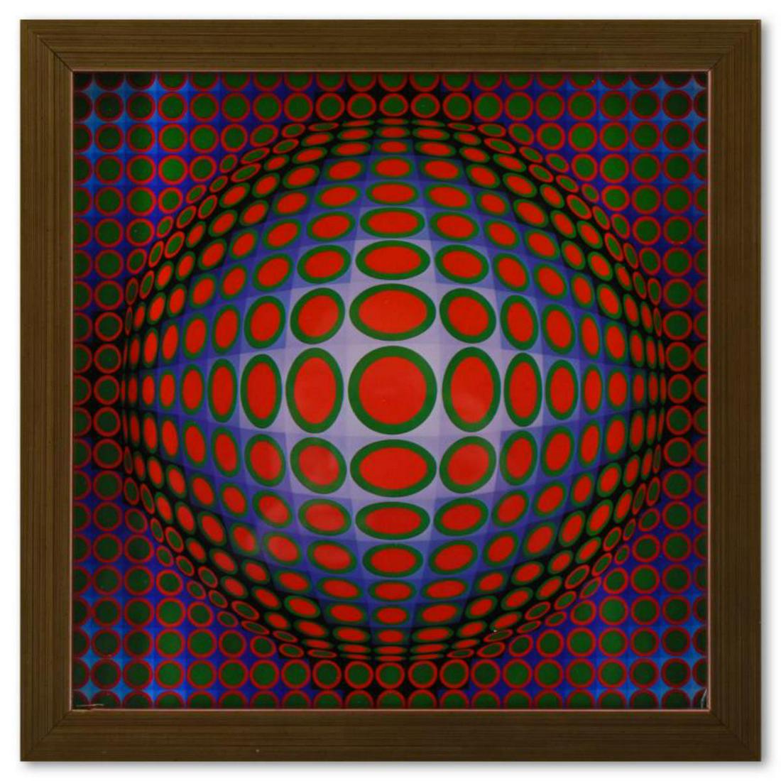 Victor Vasarely (1908-1997), "Vega - TEK de la sÃ©rie Vega" Framed 1971 Heliogravure Print with: Vega - TEK de la sÃ©rie Vega is a heliogravure print on paper, published in 1971, by Victor Vasarely (1908-1997). This piece comes custom framed, with a letter of authenticity and with a 1976 Vasare