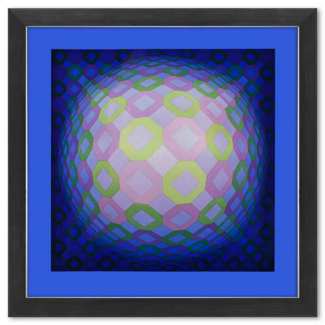 Victor Vasarely (1908-1997), "Okta - Pos de la sÃ©rie Structures Universelles De L'Octogone" Framed: Okta - Pos de la sÃ©rie Structures Universelles De L'Octogone is a heliogravure print on paper, published in 1975, by Victor Vasarely (1908-1997). This piece comes custom framed, with a letter of au