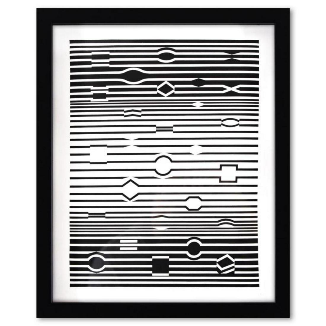 Victor Vasarely (1908-1997), "Markab de la sÃ©rie Ondulatoires" Framed 1973 Heliogravure Print with: Markab de la sÃ©rie Ondulatoires is a heliogravure print on paper, published in 1973, by Victor Vasarely (1908-1997). This piece comes custom framed, with a letter of authenticity and with a 1976 Va