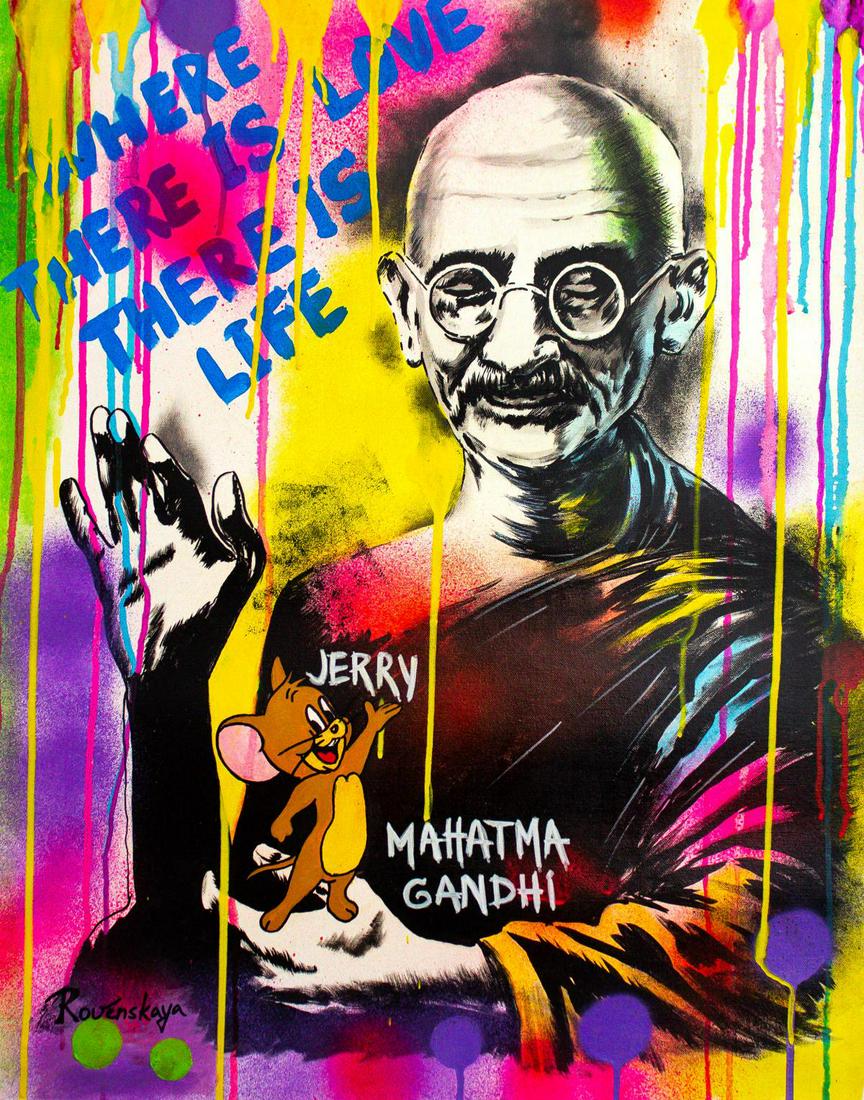 Nastya Rovenskaya- Original Oil on Canvas "Gandhi": Artist: Nastya Rovenskaya. Medium: Original Oil on Canvas. Title: Gandhi. Size: 30" x 24". Signature: Hand Signed by the artist. Certificate of Authenticity: From the publisher. Reference#: 20681.