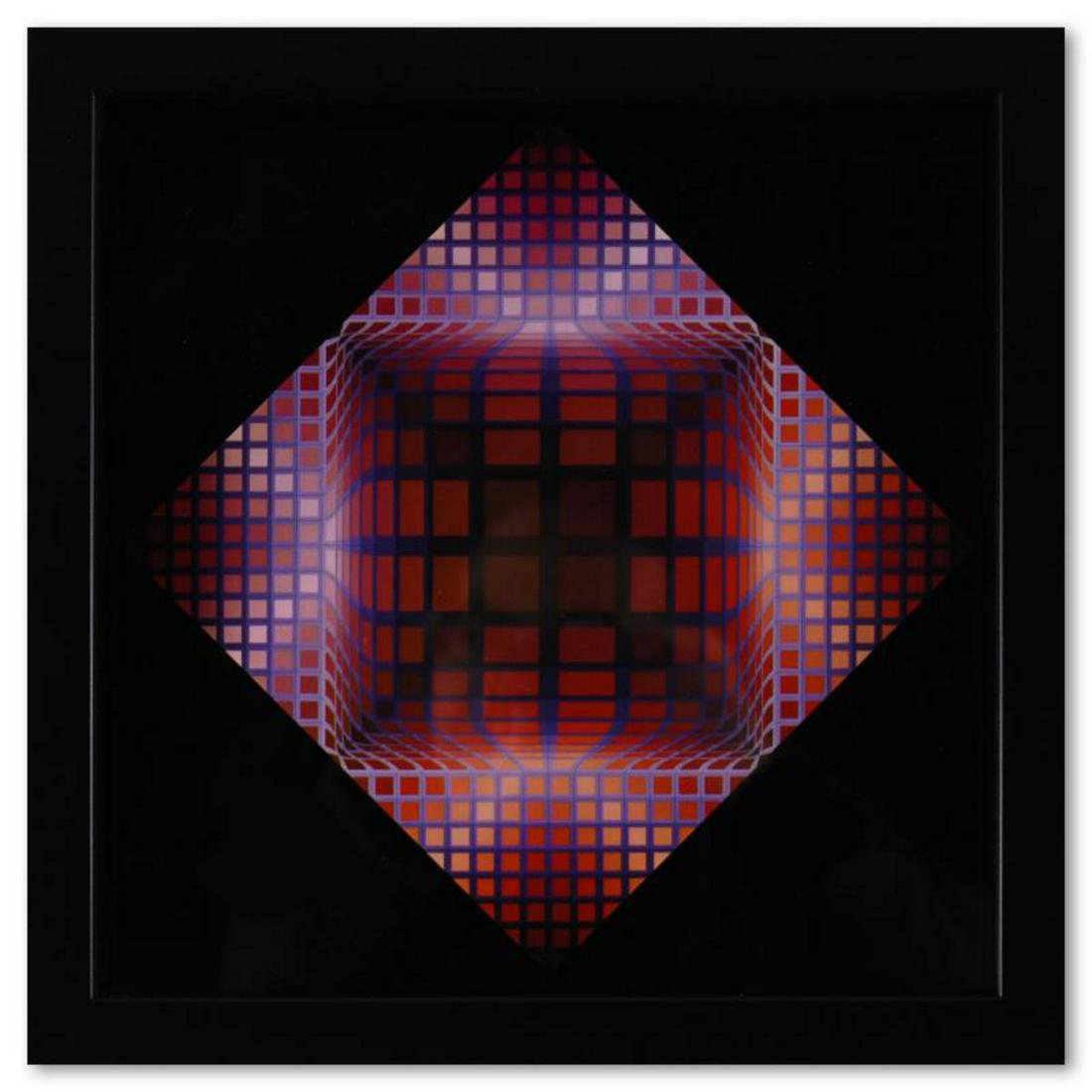 Victor Vasarely (1908-1997), "Dell - 2 de la sÃ©rie Structures Universelles Du Damier" Framed 1975: Dell - 2 de la sÃ©rie Structures Universelles Du Damier is a heliogravure print on paper, published in 1975, by Victor Vasarely (1908-1997). This piece comes custom framed, with a letter of authenti