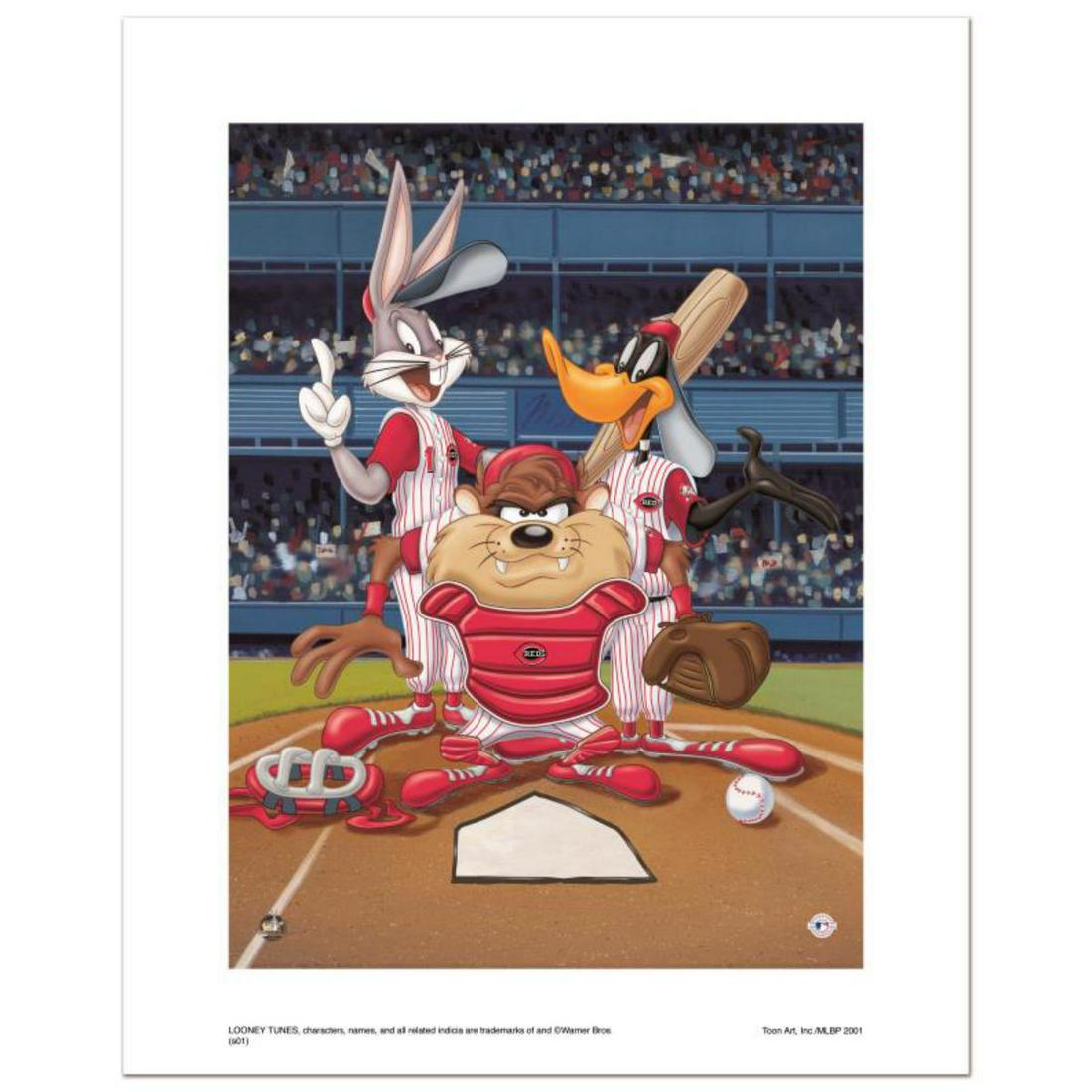 At the Plate (Reds) Numbered Limited Edition Giclee from Warner Bros. with Certificate of: At the Plate (Reds) is a limited edition giclee on paper from Warner Bros. featuring iconic Looney Tunes characters in Cincinnati Reds MLB uniforms. It comes numbered, with hologram seal, and a Certif