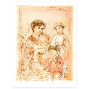 Lotte and Her Children Limited Edition Lithograph (27" x 37.5") by Edna Hibel (1917-2014), Numbered: Lotte and Her Children is a limited edition lithograph on paper, numbered and hand signed by Edna Hibel (1917-2014). Includes Certificate of Authenticity! Measures approx. 30" x 42" (with border), 27"