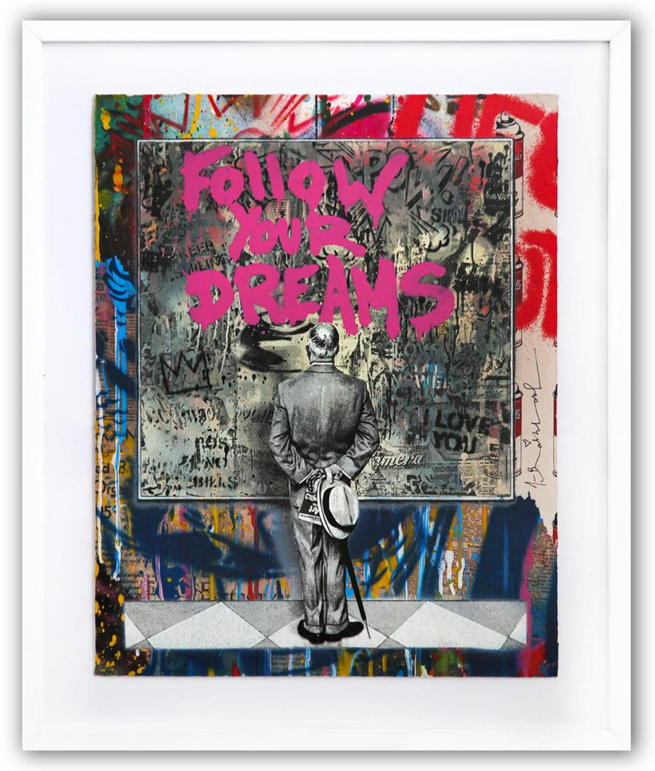 Mr. Brainwash- Original Mixed Media on Deckled Edge Paper "Street Connoisseur- Follow Your Dream: Artist: Mr. Brainwash. Medium: Original Mixed Media on Deckled Edge Paper. Title: Street Connoisseur- Follow Your Dream (Pink). Size: 20" x 16". Measures approx. 26" x 22" (framed). Signature: Hand Si