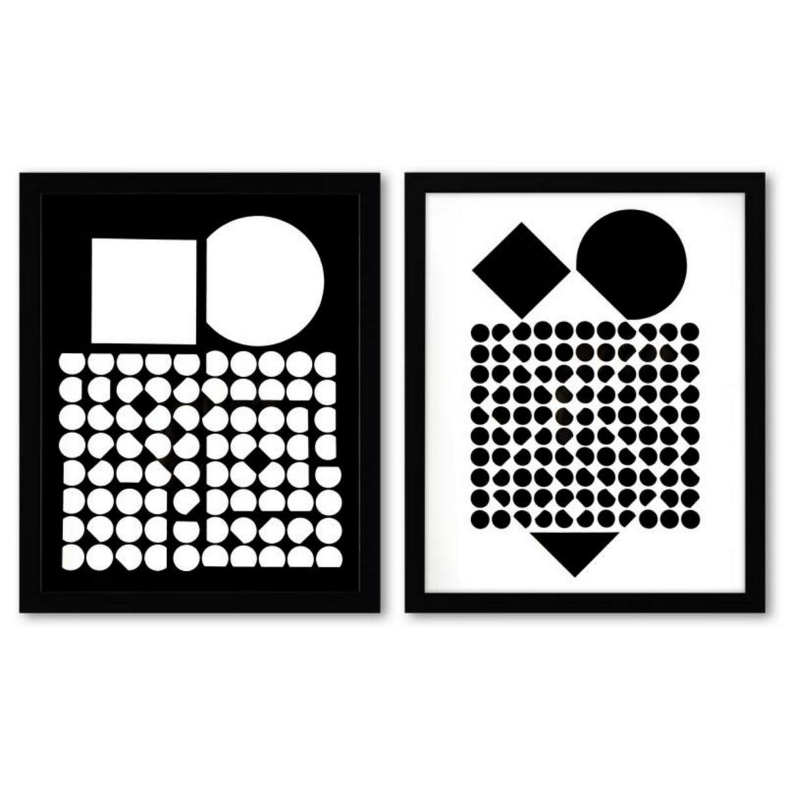 Victor Vasarely (1908-1997), "Cassiopee et Bellatrix de la serie Corpusculaires (Diptych)" Framed: Cassiopee et Bellatrix de la serie Corpusculaires (Diptych) is a set of heliogravure prints on paper, published in 1973, by Victor Vasarely (1908-1997). These pieces come custom framed, with a letter 