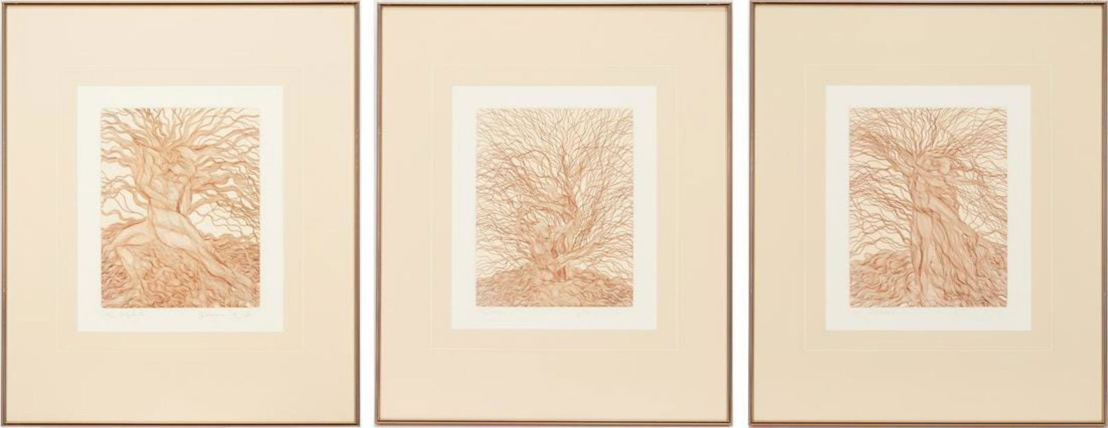 Guillaume Azoulay- Set of 3 Sepia color etchings on paper "From The Willow Suite" (1 of 4)