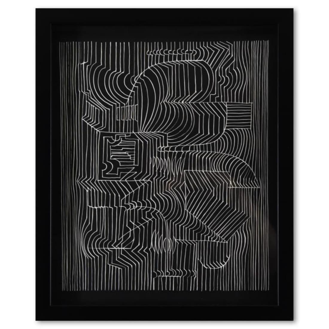 Victor Vasarely (1908-1997), "Gordium de la serie Ondulatoires" Framed 1973 Heliogravure Print with: Gordium de la serie Ondulatoires is a heliogravure print on paper, published in 1973, by Victor Vasarely (1908-1997). This piece comes custom framed, with a letter of authenticity and with a 1976 Vasa