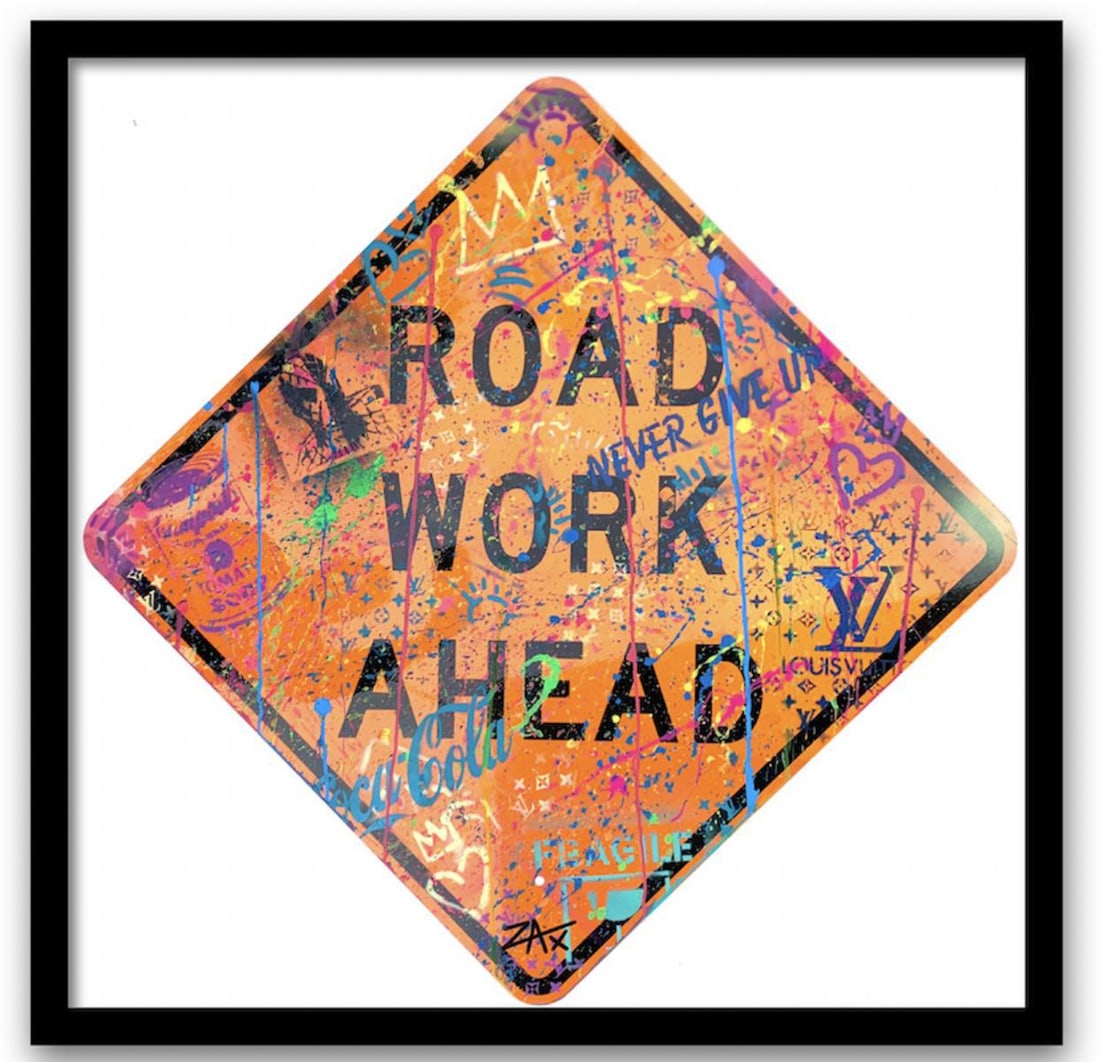 E.M. Zax- Hand painted metal street sign "Road Work" (1 of 5)