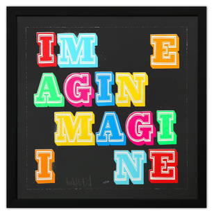 Ben Eine- Limited Edition Silkscreen "IMAGINE": Artist: Ben Eine. Medium: Limited Edition Silkscreen. Title: IMAGINE. Size: 27.5" x 27.5". Measures approx. 34" x 34" (framed). Signature: Hand Signed and numbered by the artist. Certificate of Authen