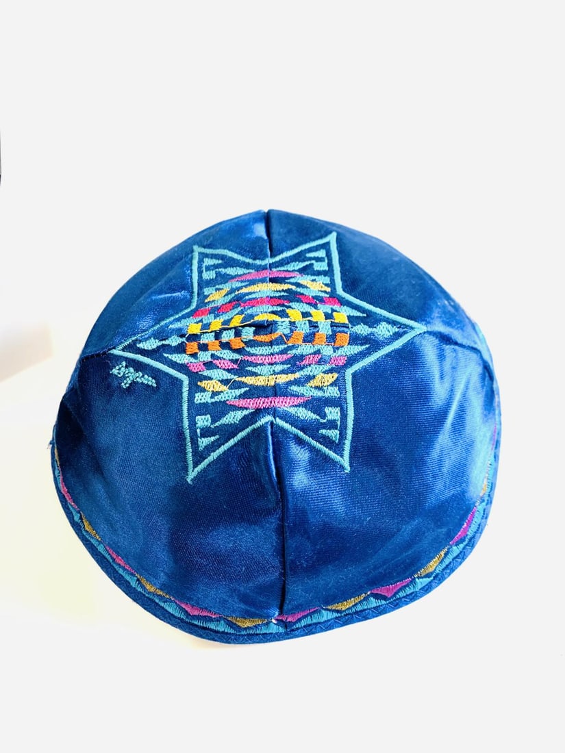 Yaacov Agam- Limited Edition Blue Embroidered Silk Kippah (1 of 3)