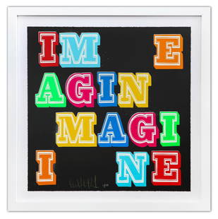 Ben Eine- Limited Edition Silkscreen "IMAGINE": Artist: Ben Eine. Medium: Limited Edition Silkscreen. Title: IMAGINE. Size: 27.5" x 27.5". Measures approx. 34" x 34" (framed). Signature: Hand Signed and numbered by the artist. Certificate of Authen