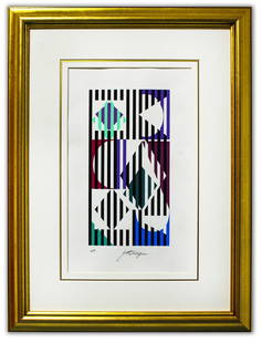 Yaacov Agam- Original Silkscreen on parchment Paper "Untitled": Artist: Yaacov Agam. Medium: Original Silkscreen on parchment Paper. Title: Untitled. Size: 15" x 9". Measures approx. 24" x 18" (framed). Signature: Hand Signed and Numbered. Certificate of Authentic
