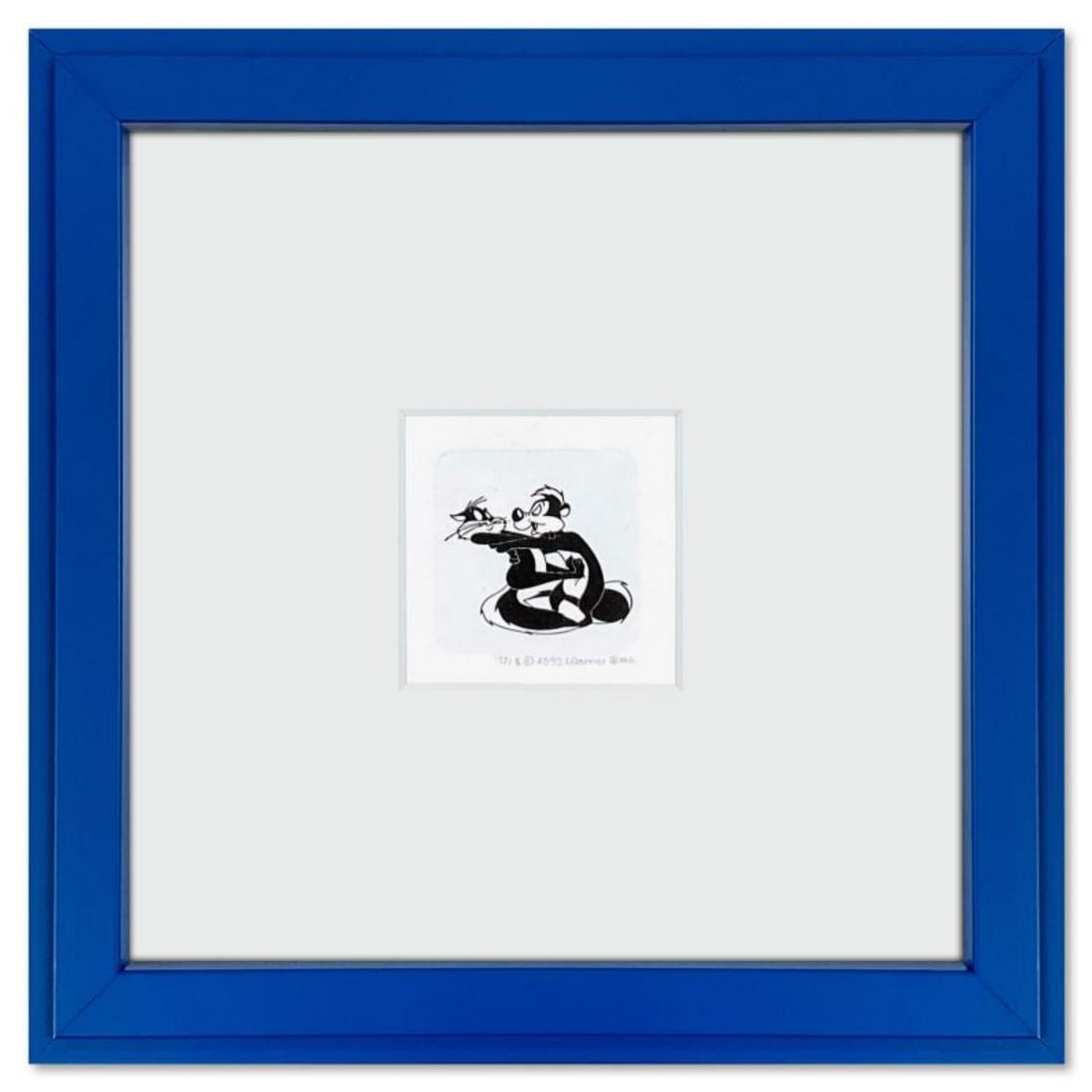 Pepe Le Pew in Love Framed Limited Edition Etching with Hand Tinted Color from Warner Bros.,: Pepe Le Pew in Love is a limited edition etching on paper with hand tinted coloring from Warner Bros., numbered and dated 1999. This piece comes framed. Measures approx. 9" x 9" (frame), 2" x 1.5" (im