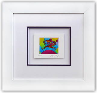 Peter Max- Original Lithograph "Flower Jumper Over Sunrise": Artist: Peter Max. Medium: Original Lithograph. Title: Flower Jumper Over Sunrise. Size: 4" x 5". Measures approx. 16" x 17" (framed). Signature: Hand Signed and Numbered by the artist. Certificate of