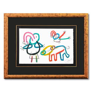 Joan Miro- Original Color Lithograph "M.1013 from l'enfance d'Ubu": Artist: Joan Miro. Medium: Original Color Lithograph. Title: M.1013 from l'enfance d'Ubu. Size: 12" x 20". Measures approx. 24" x 31" (framed). Signature: Hand Signed. Certificate of Authenticity: Is