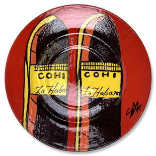 Steve Kaufman (1960-2010) "COHIBA" Hand Painted Plate, Hand Signed with Letter of Authenticity.: COHIBA is a hand painted plate by Steve Kaufman (1960-2010). This piece is hand signed by the artist and includes a letter of authenticity. As is common with Kaufman's works, this piece may have