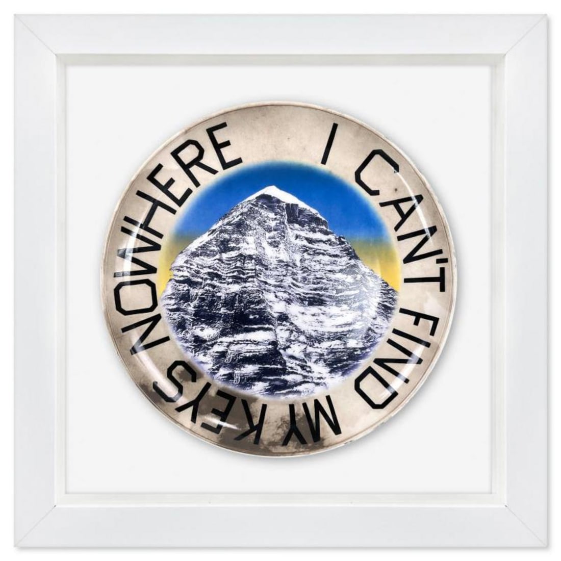 Ed Ruscha, "Can't Find Keys" Framed Limited Edition Plate with Letter of Authenticity.: Can't Find Keys is a limited edition plate by Ed Ruscha. This plate is custom framed and floated on linen. Includes Letter of Authenticity. Measures approx. 15.5" x 15.5" (frame), 11" (plate diameter)