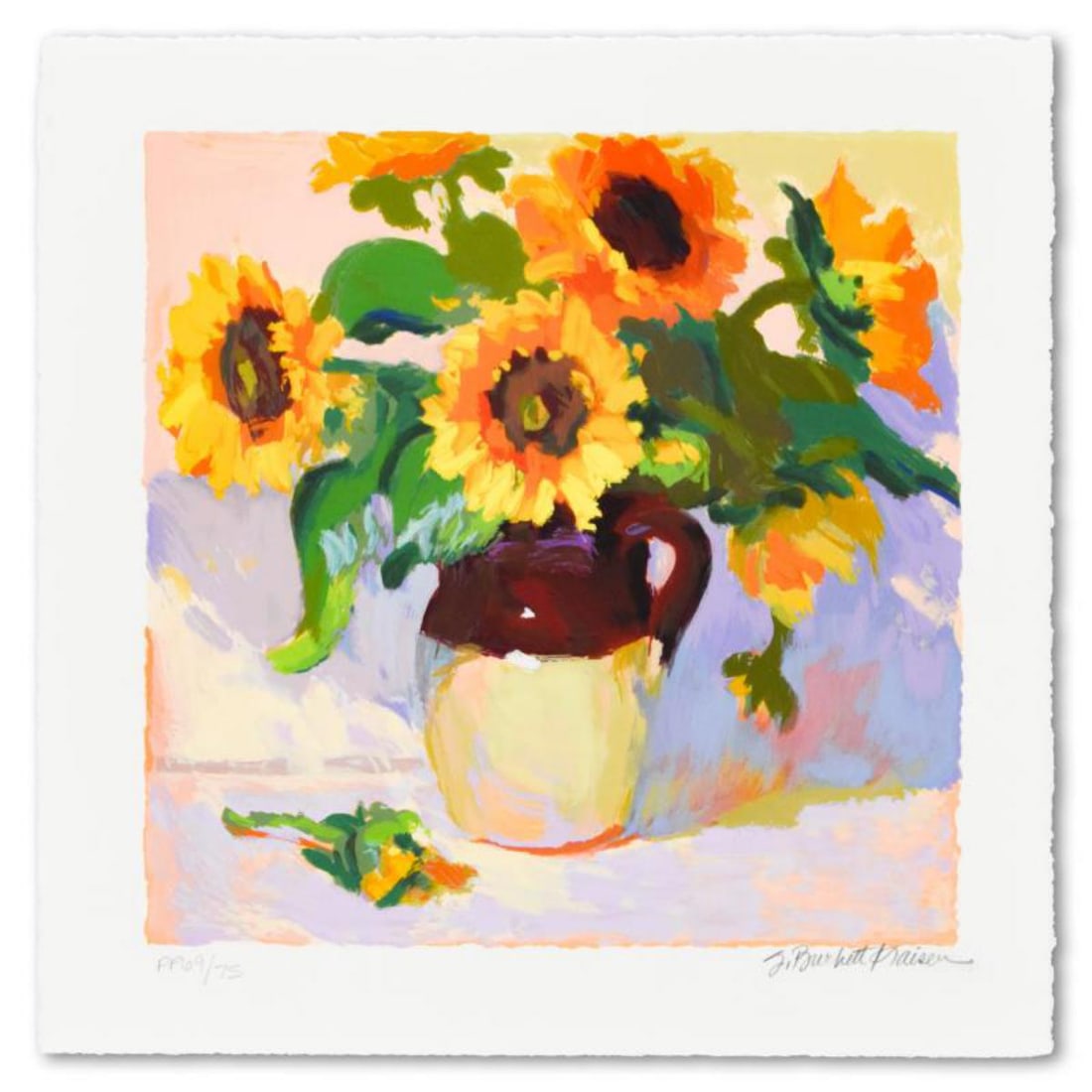 S. Burkett Kaiser, "Sunflowers" Limited Edition, Numbered and Hand Signed with Letter of: Sunflowers is a limited edition giclee on paper by S. Burkett Kaiser, numbered and hand signed by the artist. Includes Letter of Authenticity. Measures approx. 15" x 15" (border), 12" x 12" (image). R