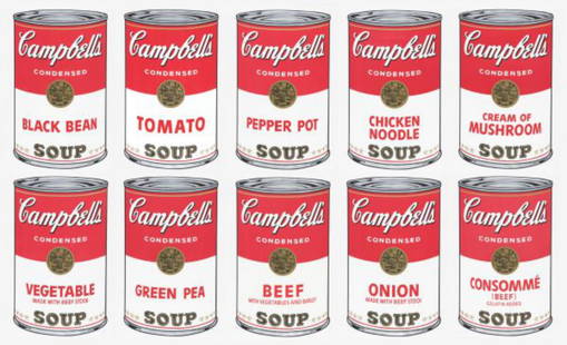 Andy Warhol- Silk Screen (Portfolio consisting of 10 different Soup Cans) "Campbell's Soup Can: Artist: Andy Warhol. Medium: Silk Screen (Portfolio consisting of 10 different Soup Cans). Title: Campbell's Soup Can Series I. Size: 35" x 23". Certificate of Authenticity: From the publisher. Additi